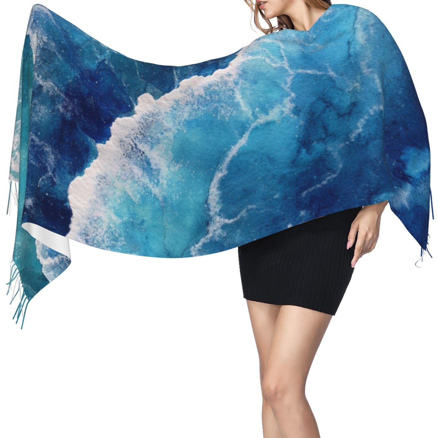 Gradient Blue Faux Cashmere Tassel Scarf – Warm & Soft Long Shawl Wrap (Vertical Style 77" × 27")