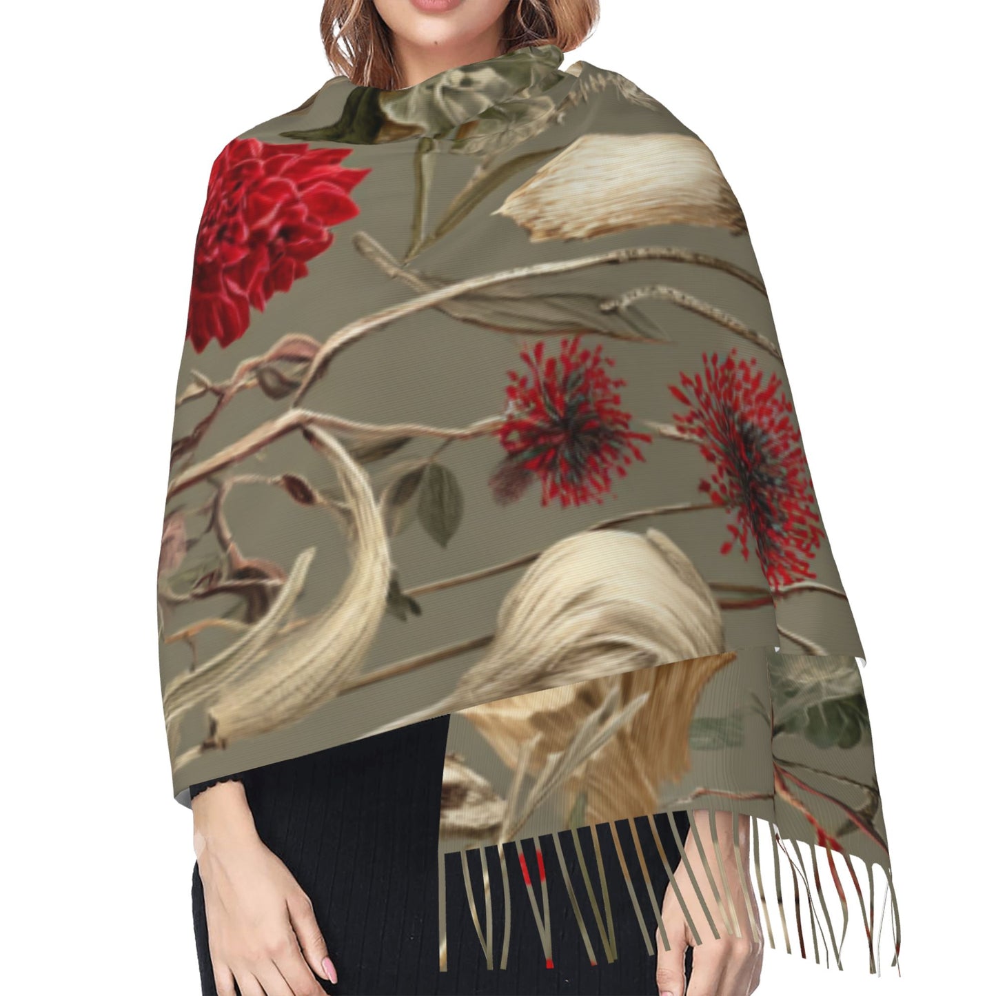 Vintage Botanical Faux Cashmere Tassel Scarf – Oversized Soft Winter Wrap with Mushroom Illustration (77" x 27")