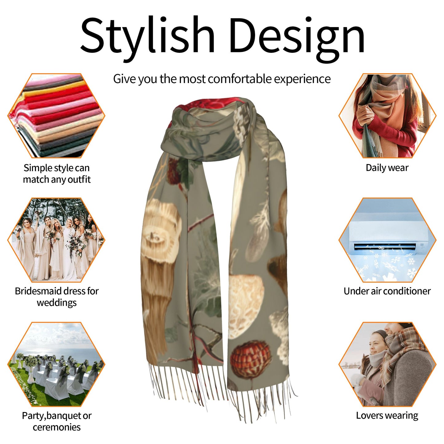 Vintage Botanical Faux Cashmere Tassel Scarf – Oversized Soft Winter Wrap with Mushroom Illustration (77" x 27")