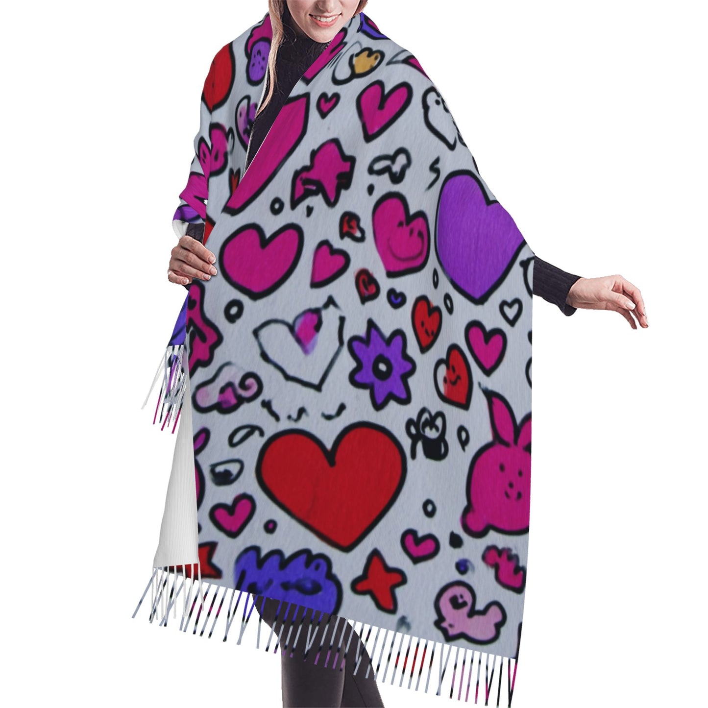 Graffiti Heart Pattern Scarf – Faux Cashmere Warm Winter Shawl with Tassels (77" x 27")