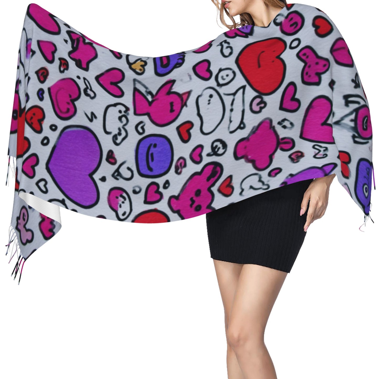 Graffiti Heart Pattern Scarf – Faux Cashmere Warm Winter Shawl with Tassels (77" x 27")