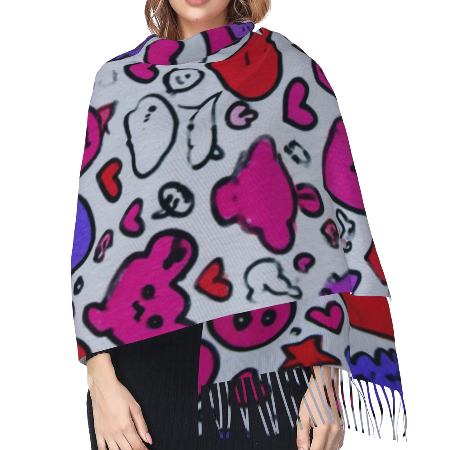 Graffiti Heart Pattern Scarf – Faux Cashmere Warm Winter Shawl with Tassels (77" x 27")