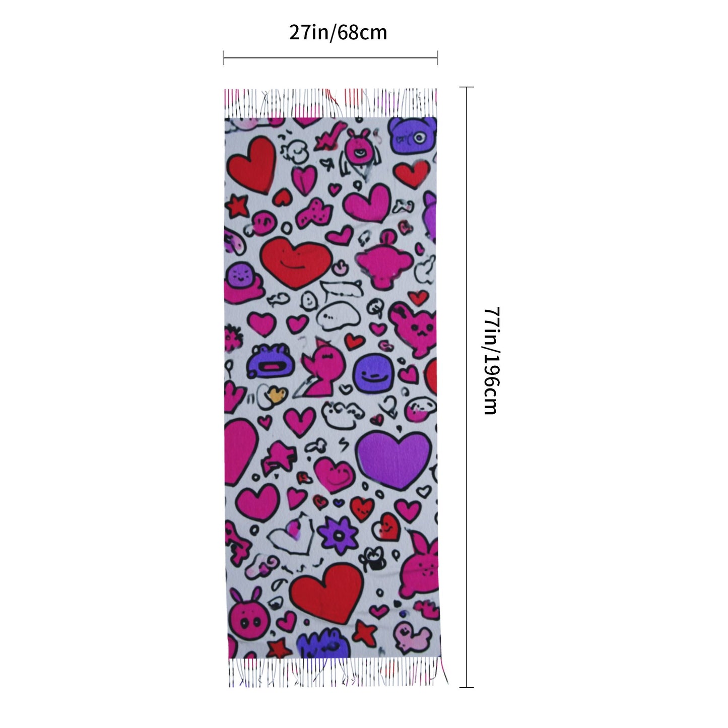 Graffiti Heart Pattern Scarf – Faux Cashmere Warm Winter Shawl with Tassels (77" x 27")