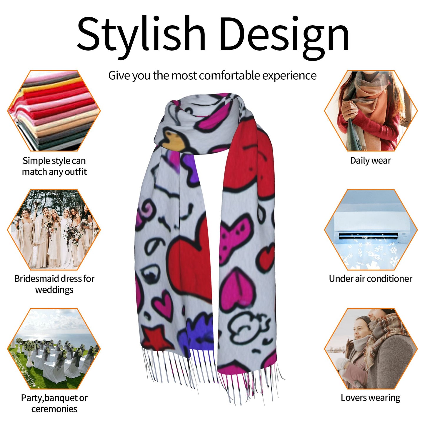 Graffiti Heart Pattern Scarf – Faux Cashmere Warm Winter Shawl with Tassels (77" x 27")