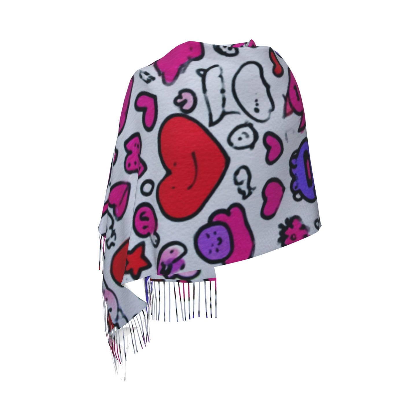 Graffiti Heart Pattern Scarf – Faux Cashmere Warm Winter Shawl with Tassels (77" x 27")