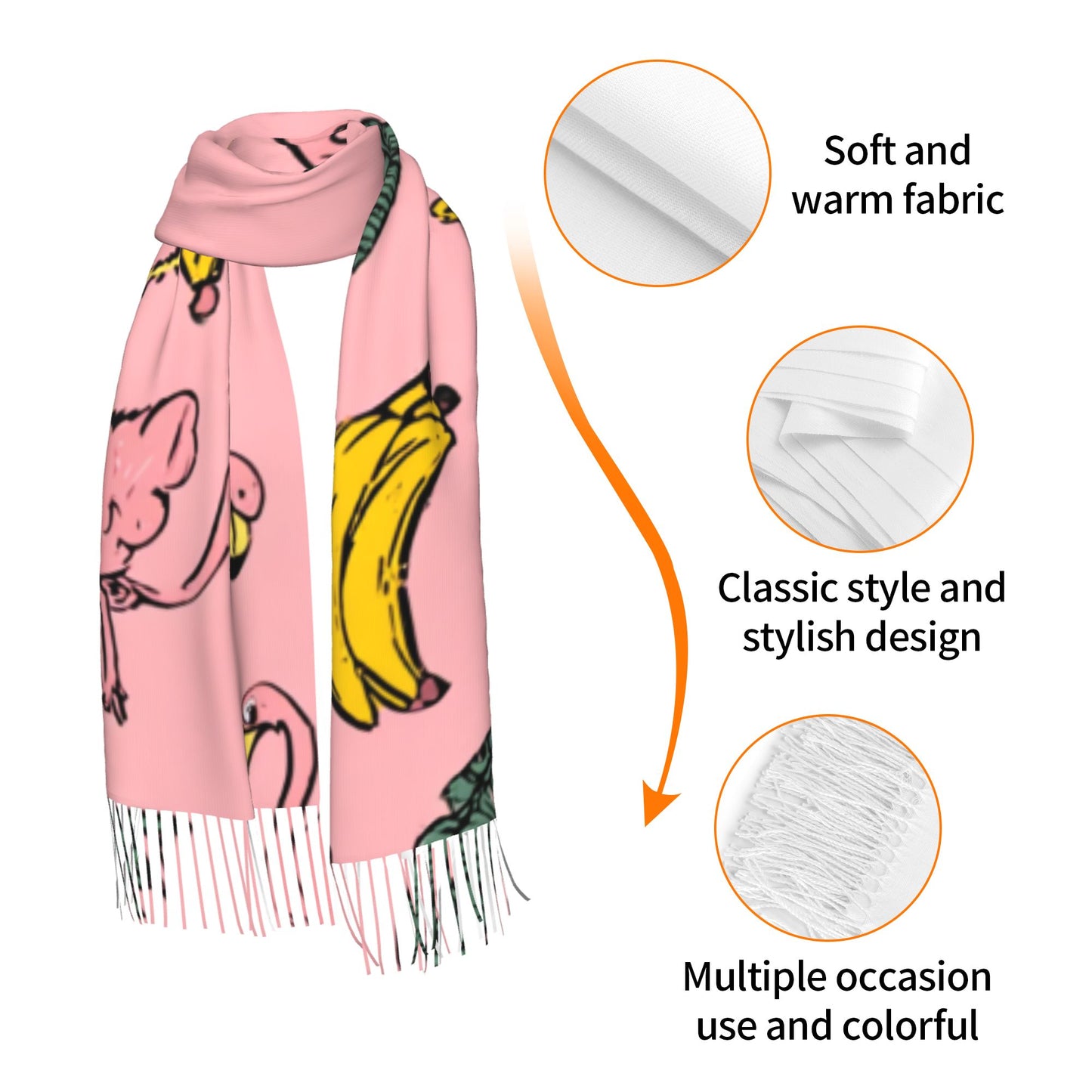 Pink Tropical Scarf – Faux Cashmere Warm Winter Shawl with Flamingos, Bananas & Leaves (77" x 27")