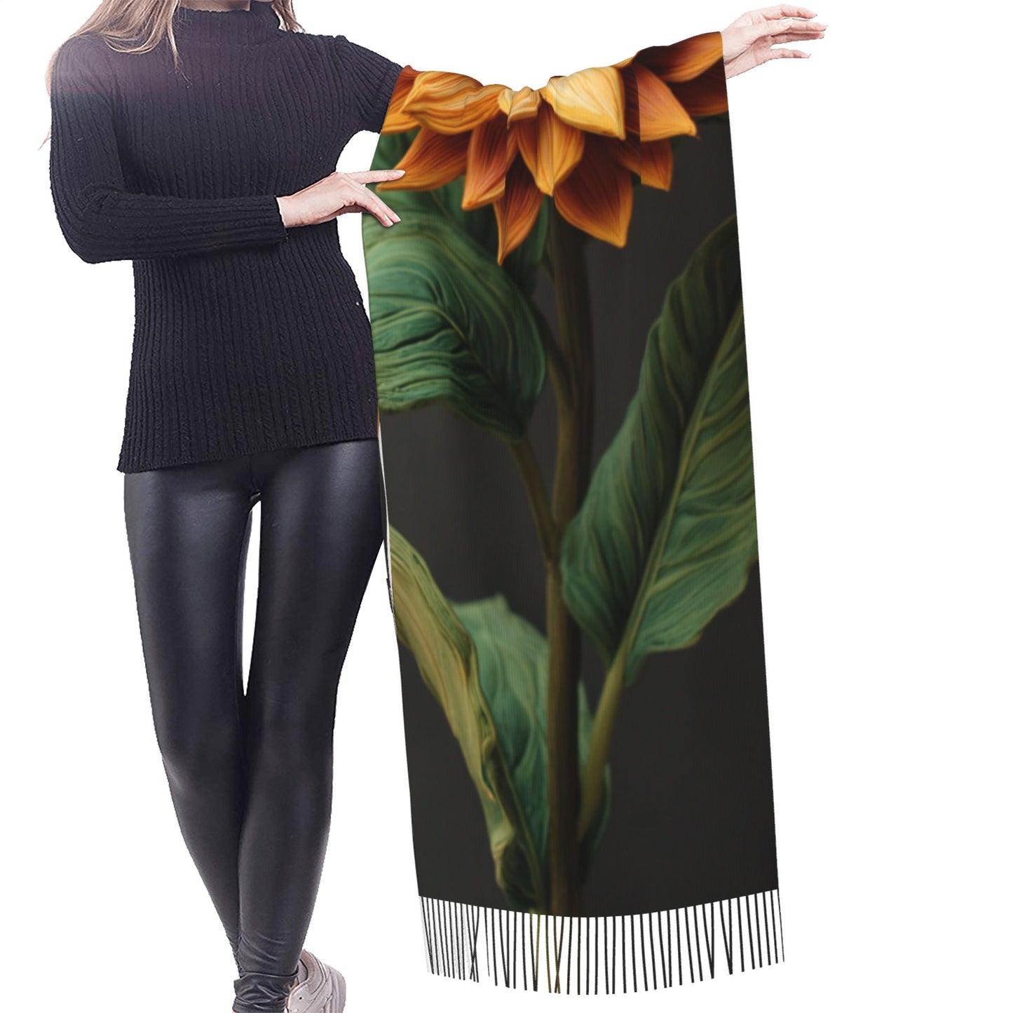 Sunflower Faux Cashmere Scarf – Long Vertical Shawl with Tassels, Warm & Artistic (77" x 27")