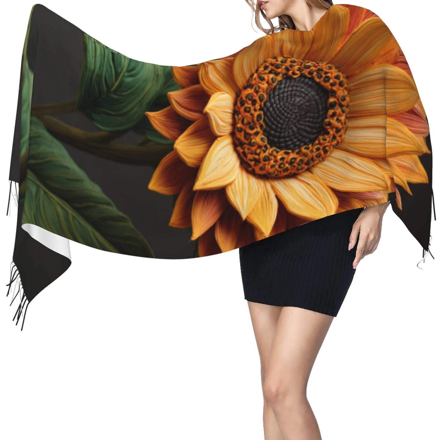 Sunflower Faux Cashmere Scarf – Long Vertical Shawl with Tassels, Warm & Artistic (77" x 27")
