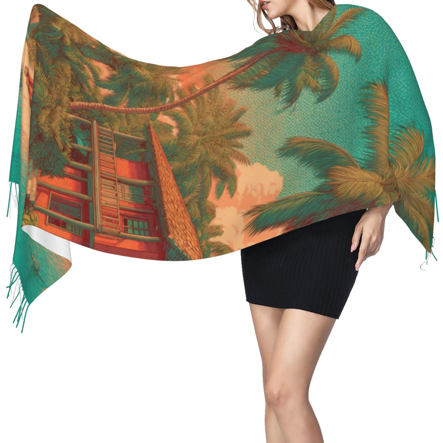 Tropical Island Scene Faux Cashmere Scarf – Vertical Long Tassel Wrap for Winter (77" x 27")