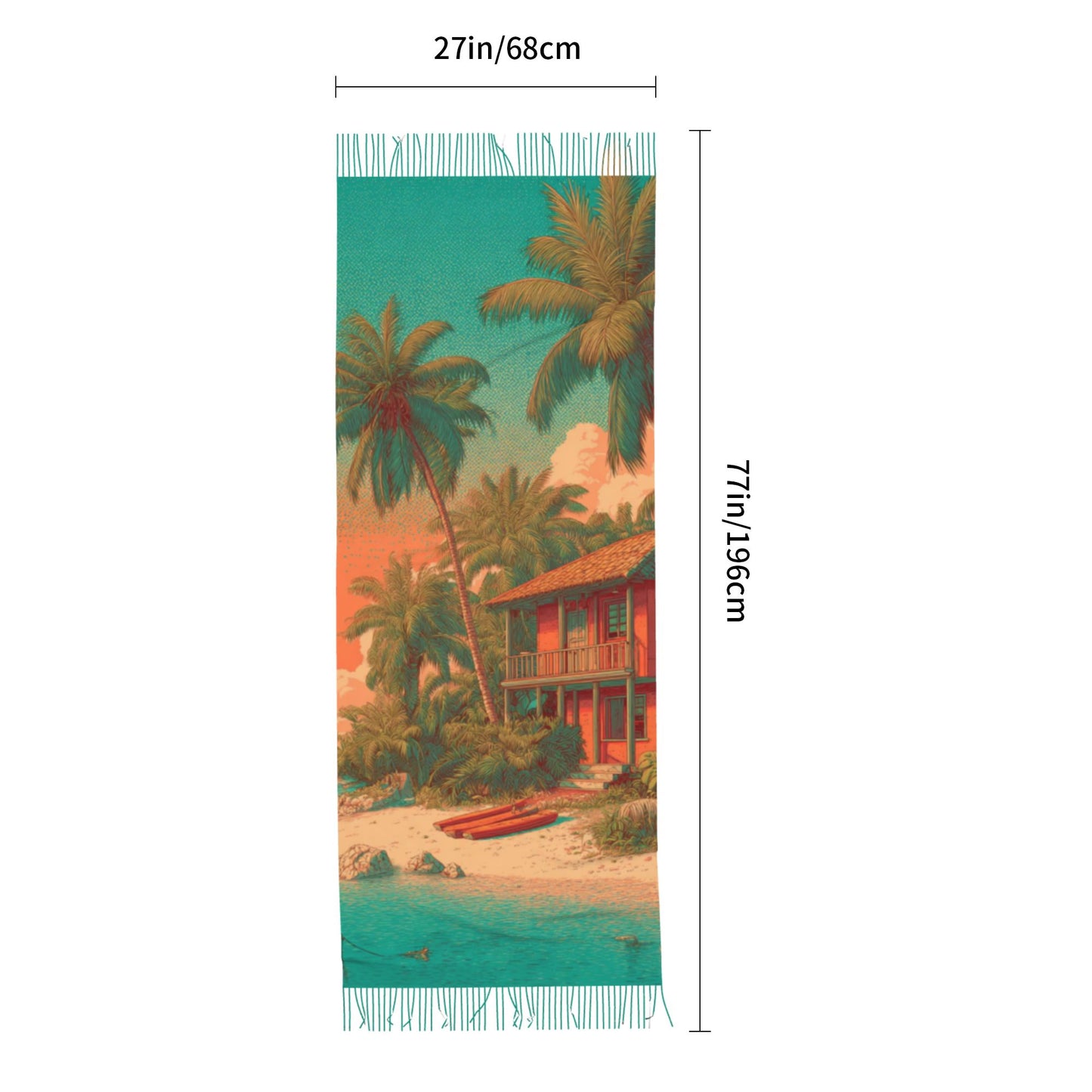 Tropical Island Scene Faux Cashmere Scarf – Vertical Long Tassel Wrap for Winter (77" x 27")