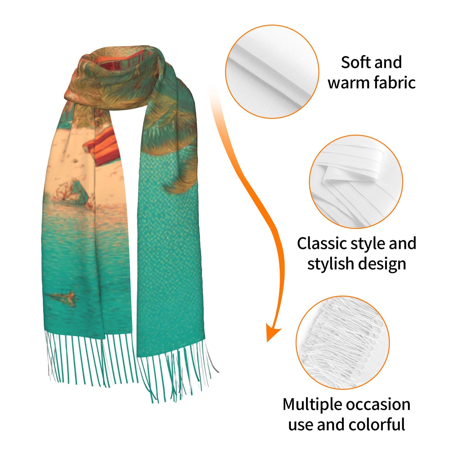 Tropical Island Scene Faux Cashmere Scarf – Vertical Long Tassel Wrap for Winter (77" x 27")