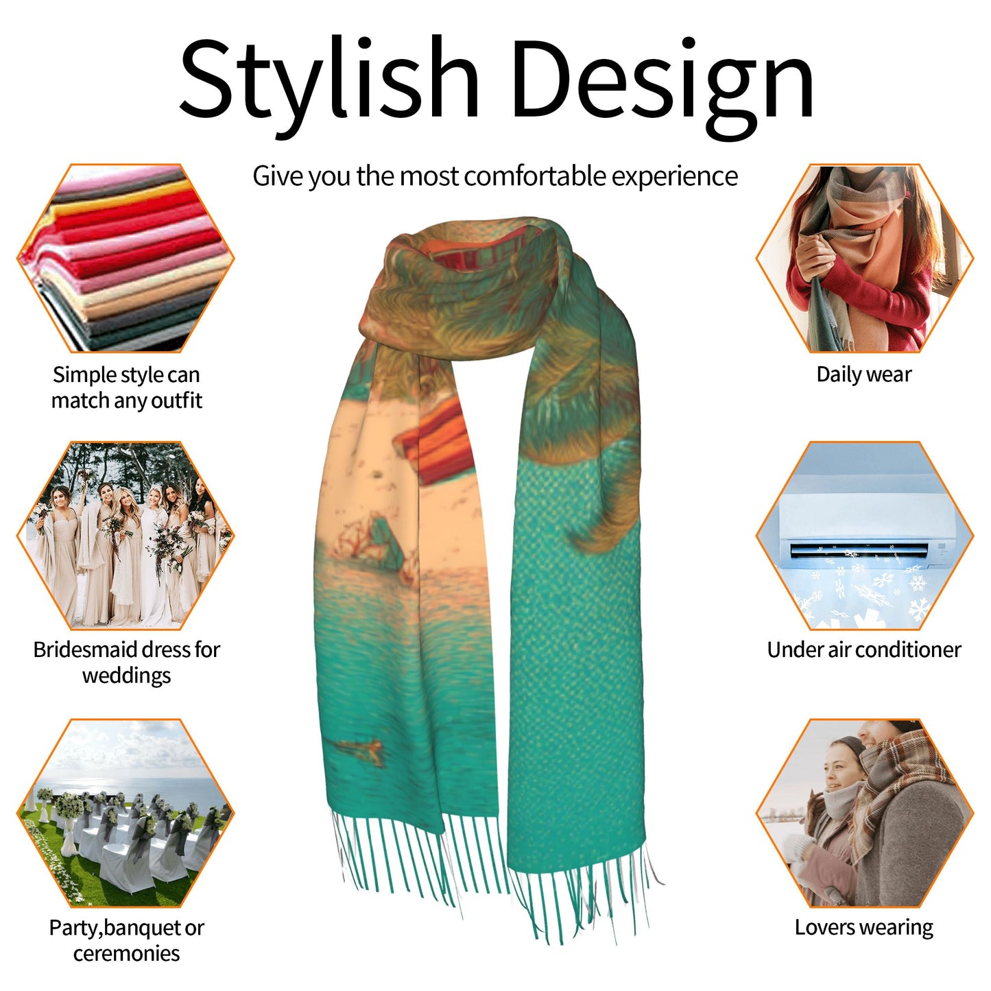 Tropical Island Scene Faux Cashmere Scarf – Vertical Long Tassel Wrap for Winter (77" x 27")