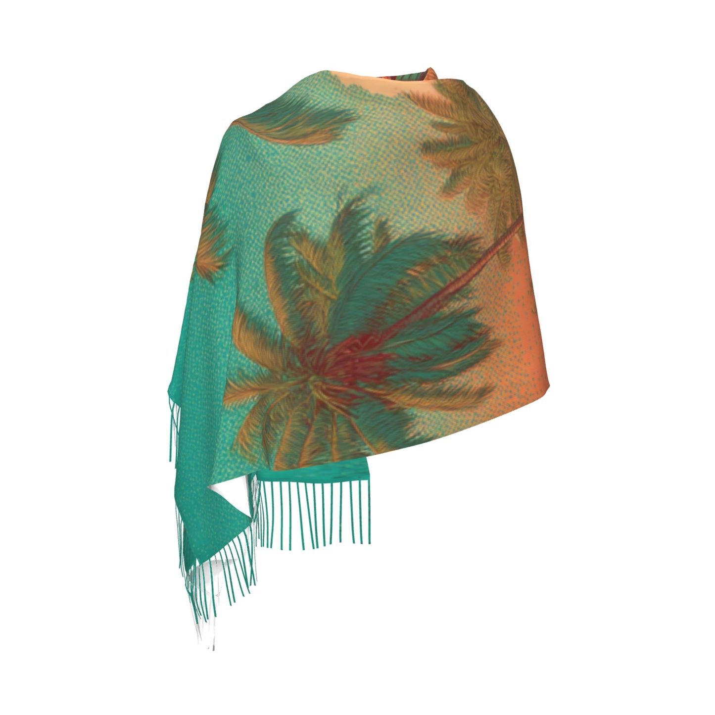 Tropical Island Scene Faux Cashmere Scarf – Vertical Long Tassel Wrap for Winter (77" x 27")