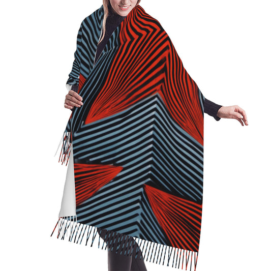 Bold Star Print Faux Cashmere Scarf – Red & Black Geometric Tassel Long Wrap (77" x 27")
