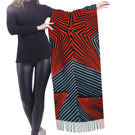 Bold Star Print Faux Cashmere Scarf – Red & Black Geometric Tassel Long Wrap (77" x 27")