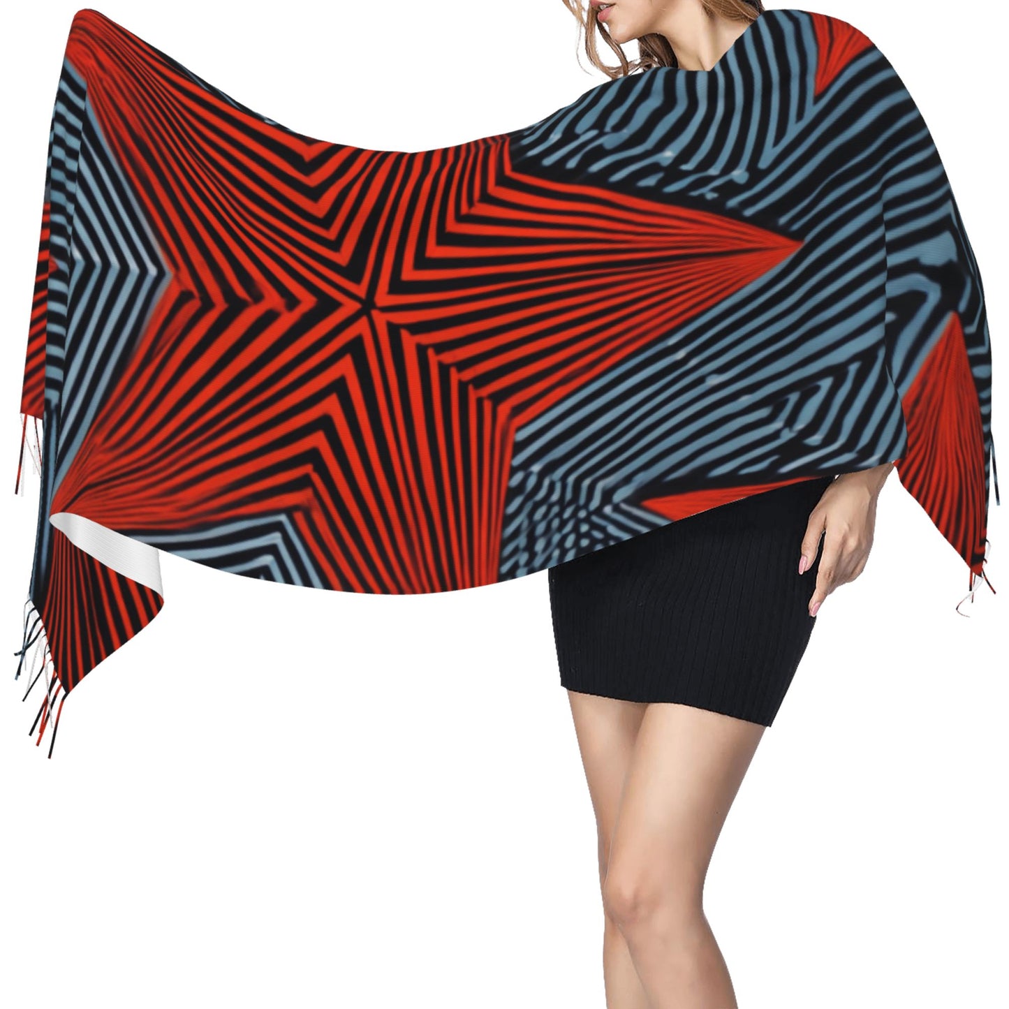 Bold Star Print Faux Cashmere Scarf – Red & Black Geometric Tassel Long Wrap (77" x 27")