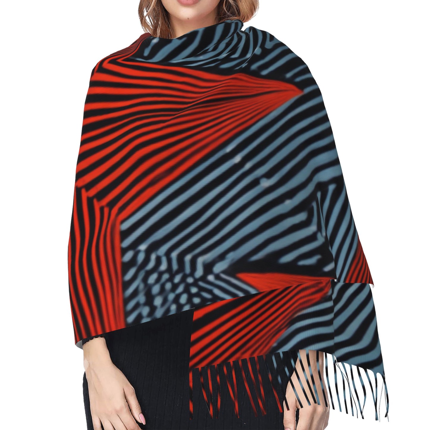 Bold Star Print Faux Cashmere Scarf – Red & Black Geometric Tassel Long Wrap (77" x 27")