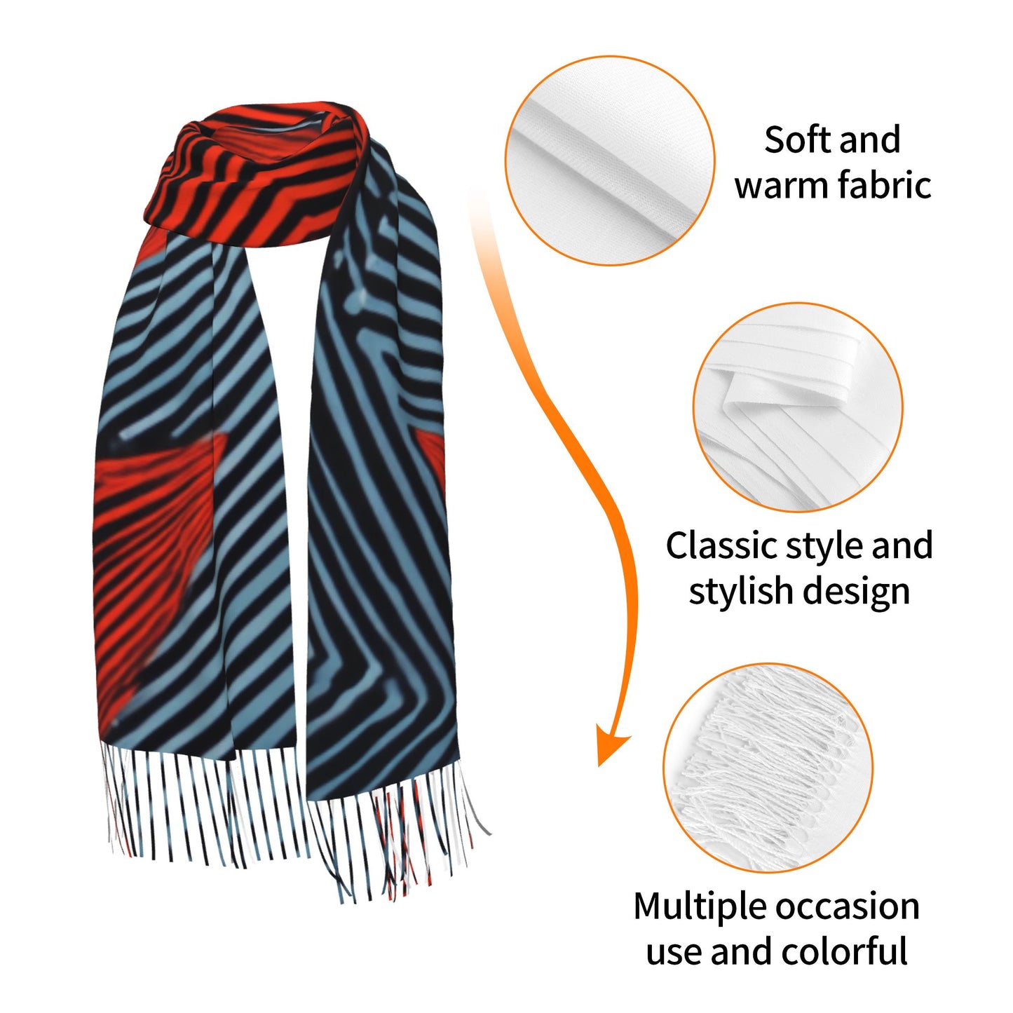 Bold Star Print Faux Cashmere Scarf – Red & Black Geometric Tassel Long Wrap (77" x 27")