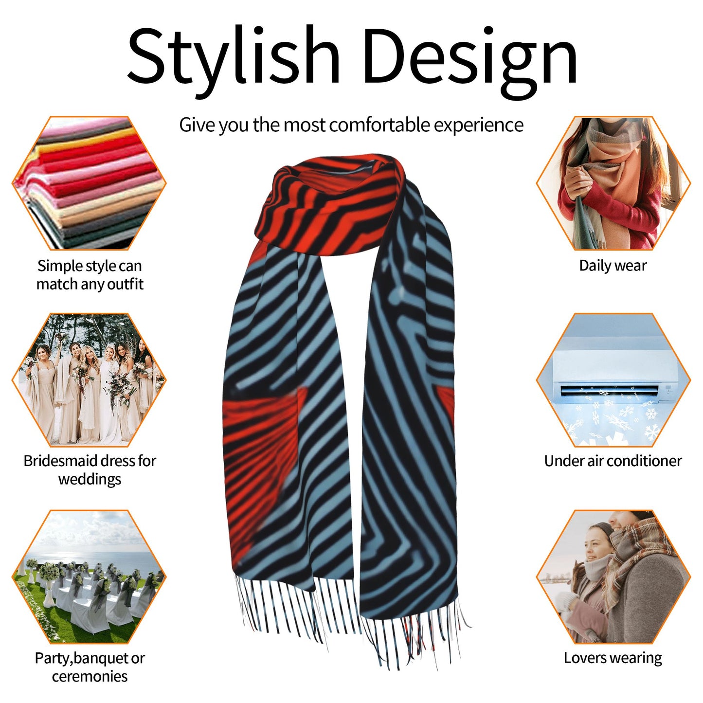 Bold Star Print Faux Cashmere Scarf – Red & Black Geometric Tassel Long Wrap (77" x 27")
