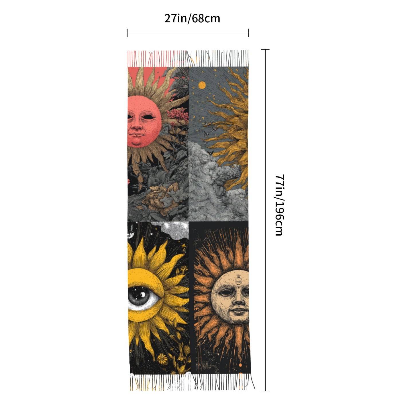 Vintage Sun Totem Faux Cashmere Scarf – Artistic Patchwork Design Long Wrap with Tassels (77" x 27")