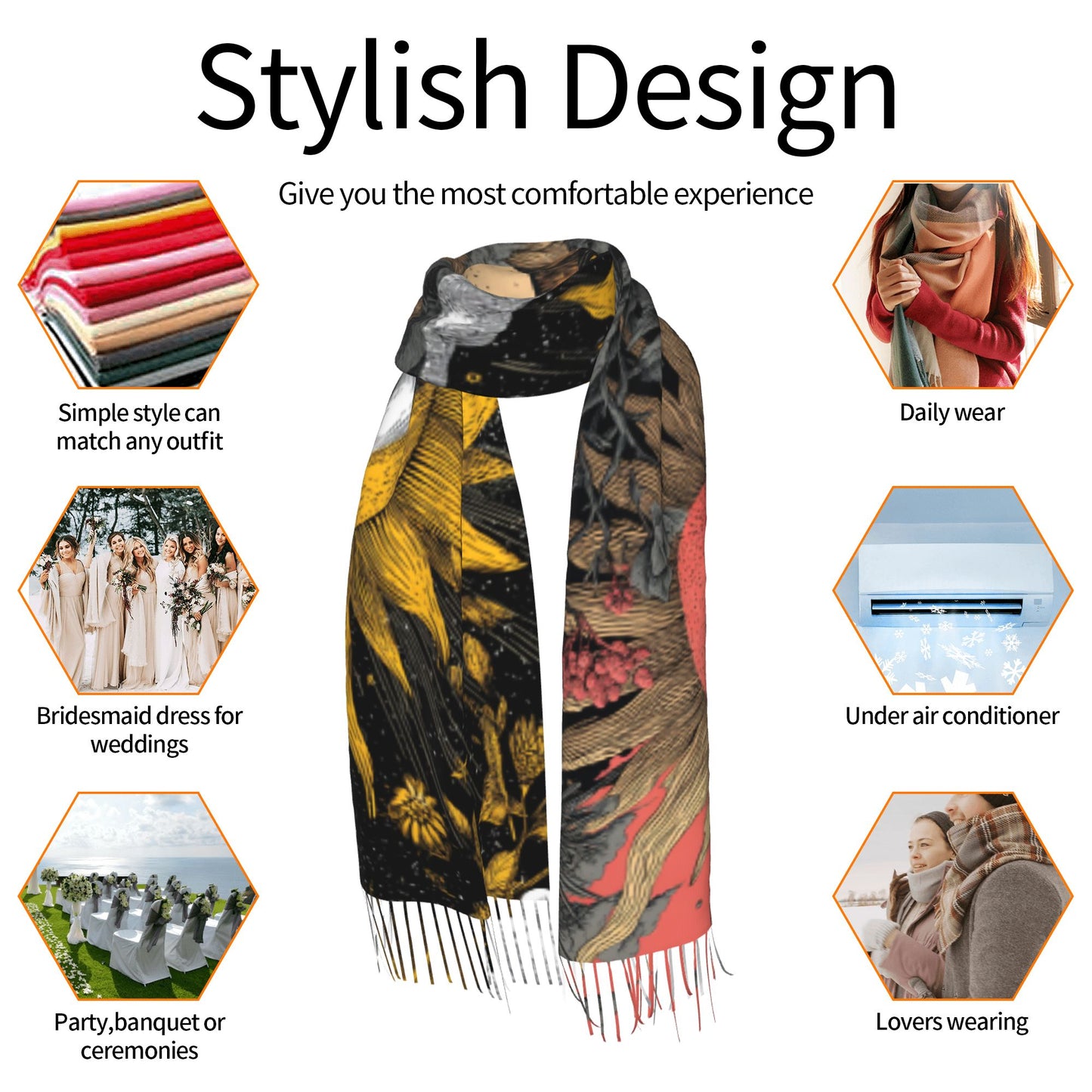 Vintage Sun Totem Faux Cashmere Scarf – Artistic Patchwork Design Long Wrap with Tassels (77" x 27")