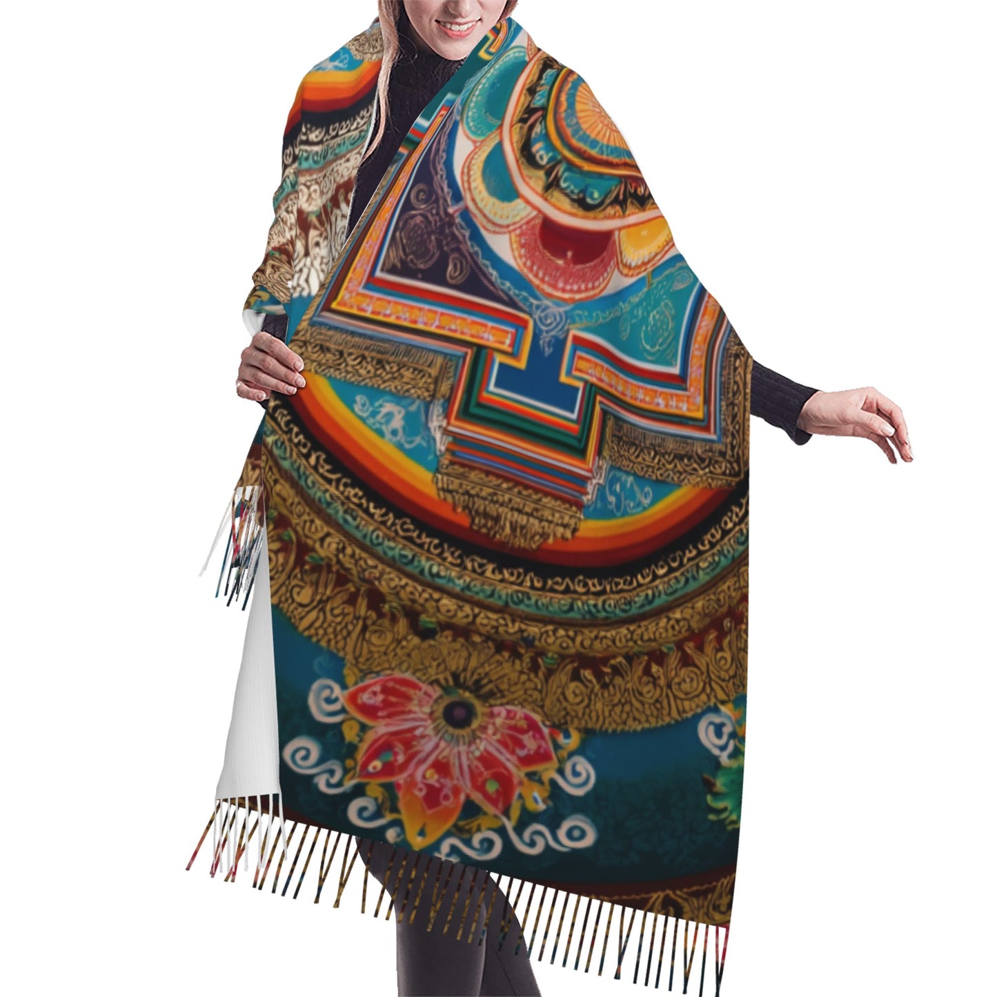 Mandala Pattern Faux Cashmere Tassel Scarf – Colorful Boho Spiritual Long Wrap (77" x 27")