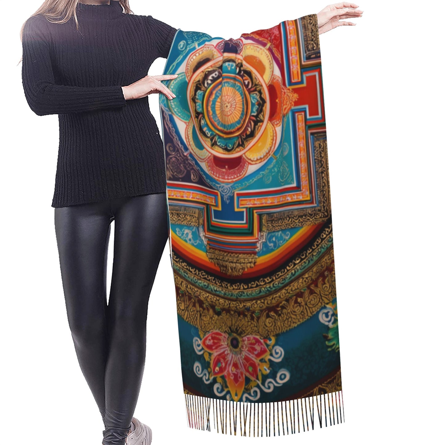 Mandala Pattern Faux Cashmere Tassel Scarf – Colorful Boho Spiritual Long Wrap (77" x 27")
