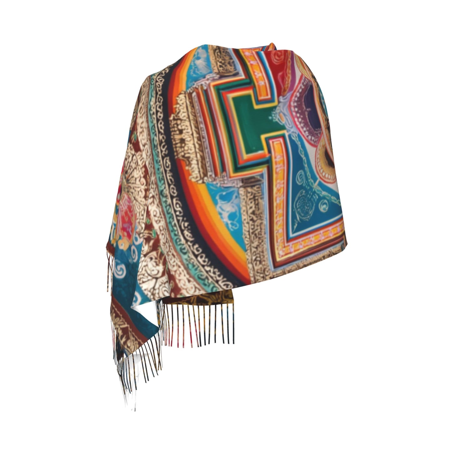 Mandala Pattern Faux Cashmere Tassel Scarf – Colorful Boho Spiritual Long Wrap (77" x 27")