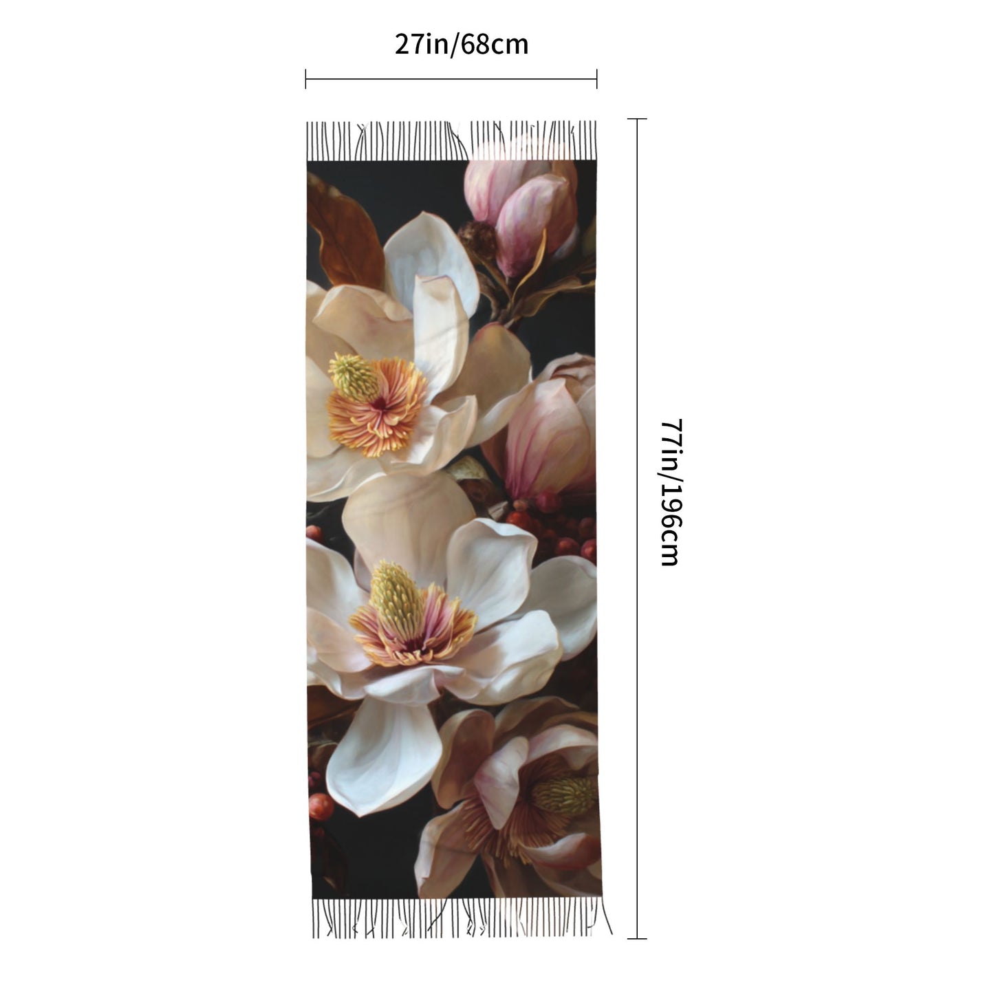 Magnolia Floral Faux Cashmere Tassel Scarf – Vintage Oil Painting Style Long Wrap (77" x 27")