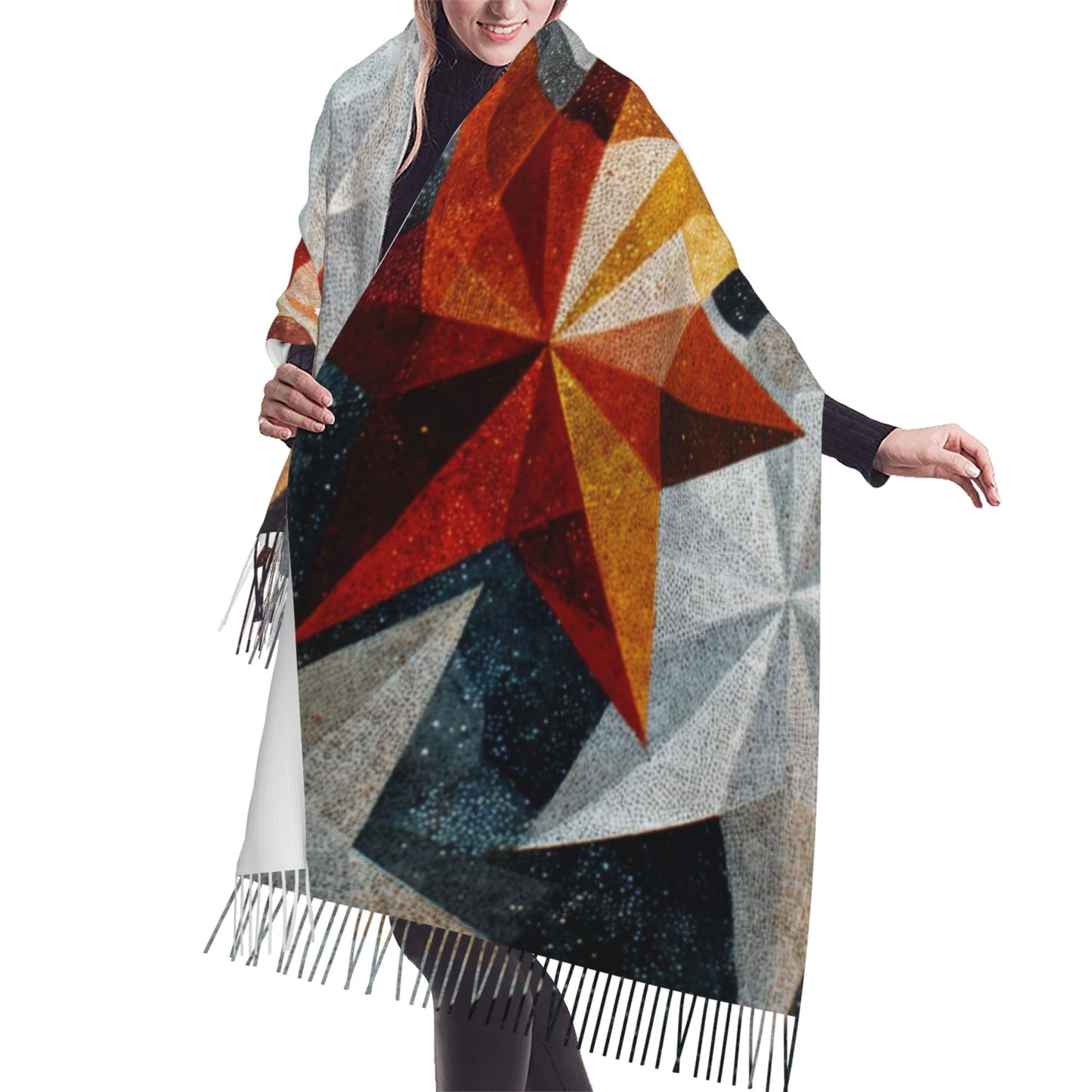 Starlight Geometry Faux Cashmere Tassel Scarf – Color Block Winter Shawl (77" x 27")