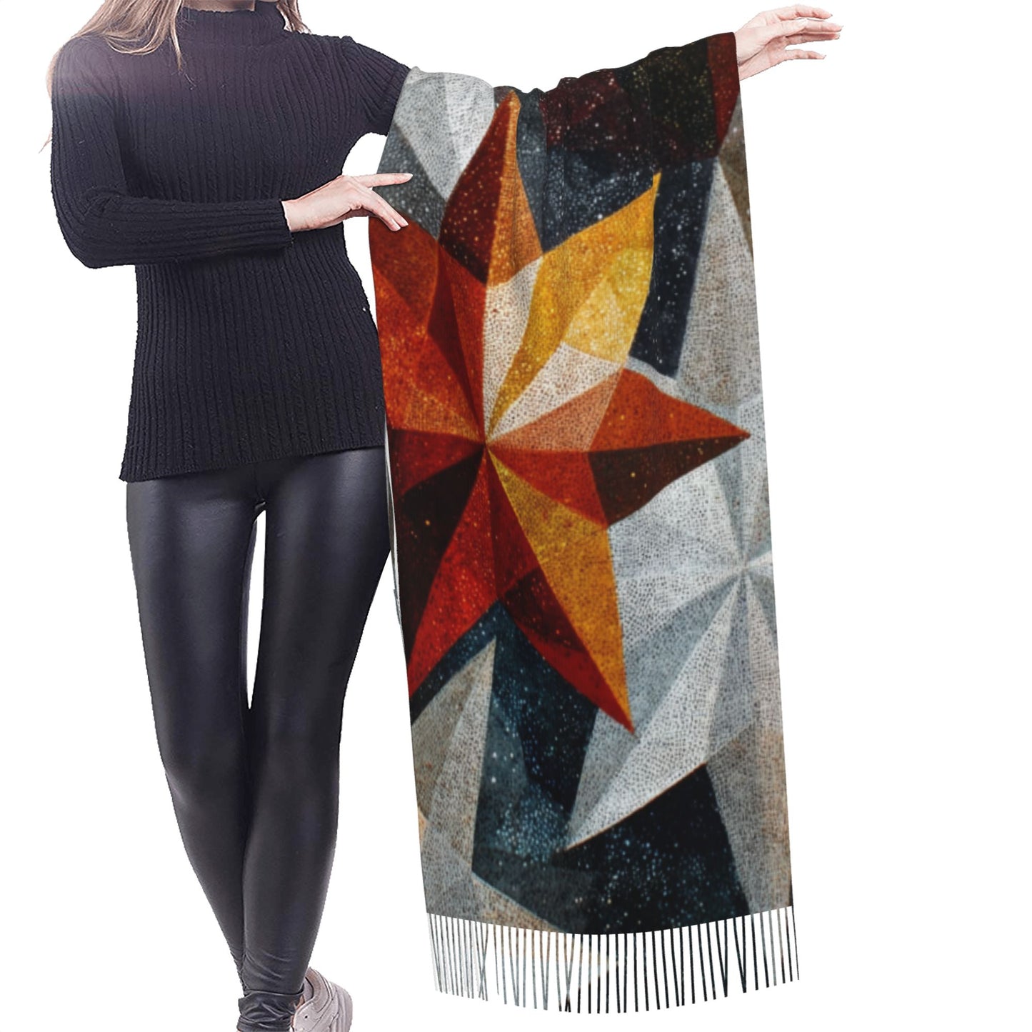 Starlight Geometry Faux Cashmere Tassel Scarf – Color Block Winter Shawl (77" x 27")