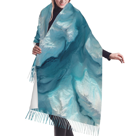 Glacier Texture Faux Cashmere Scarf with Tassels – Aerial Landscape Winter Wrap (77" x 27")