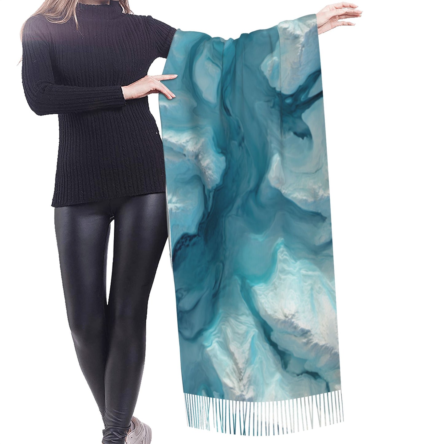 Glacier Texture Faux Cashmere Scarf with Tassels – Aerial Landscape Winter Wrap (77" x 27")