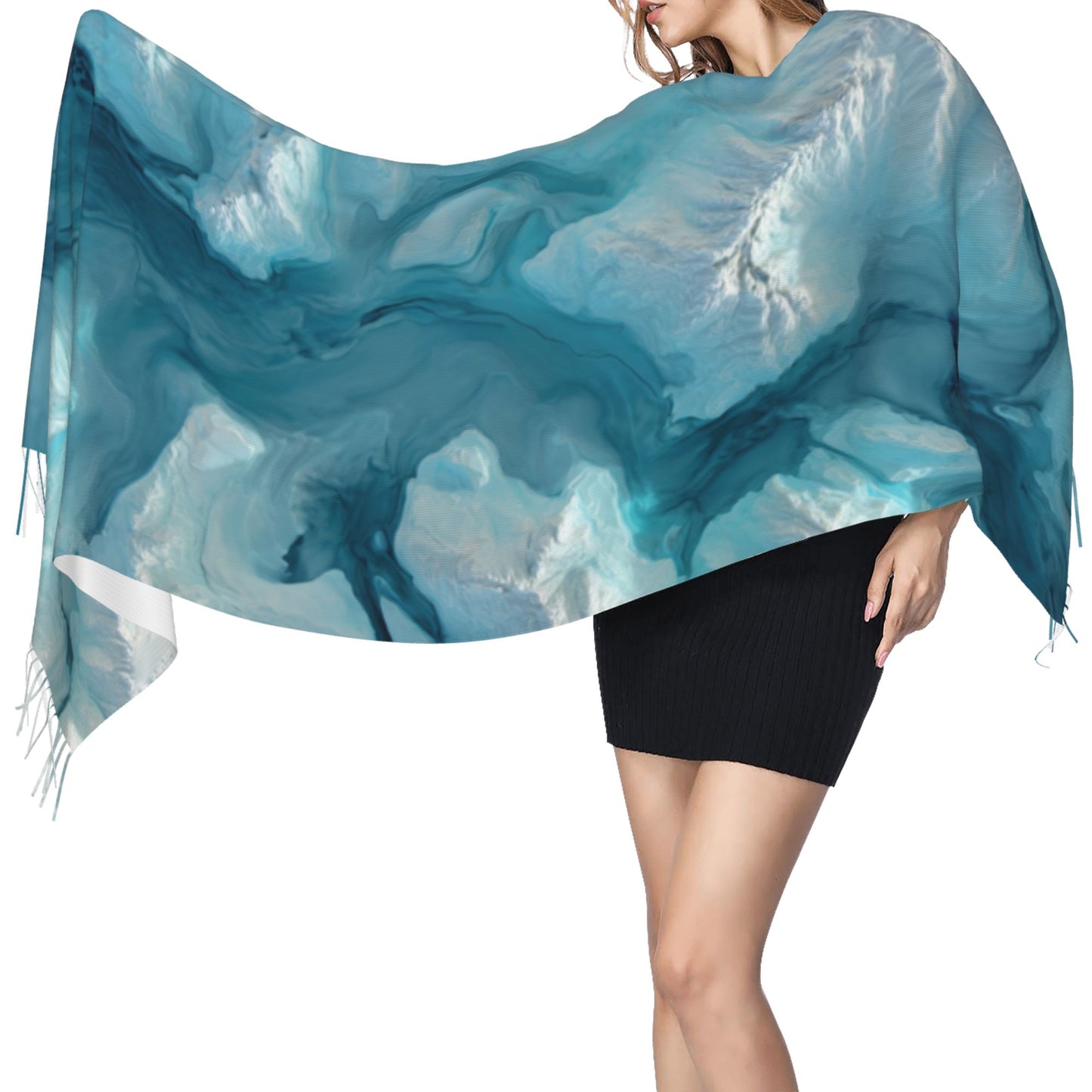 Glacier Texture Faux Cashmere Scarf with Tassels – Aerial Landscape Winter Wrap (77" x 27")