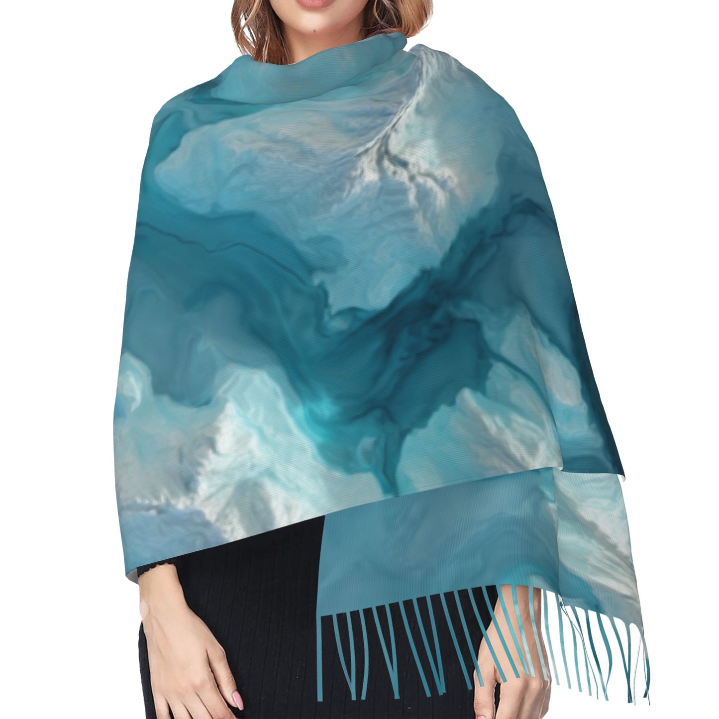 Glacier Texture Faux Cashmere Scarf with Tassels – Aerial Landscape Winter Wrap (77" x 27")