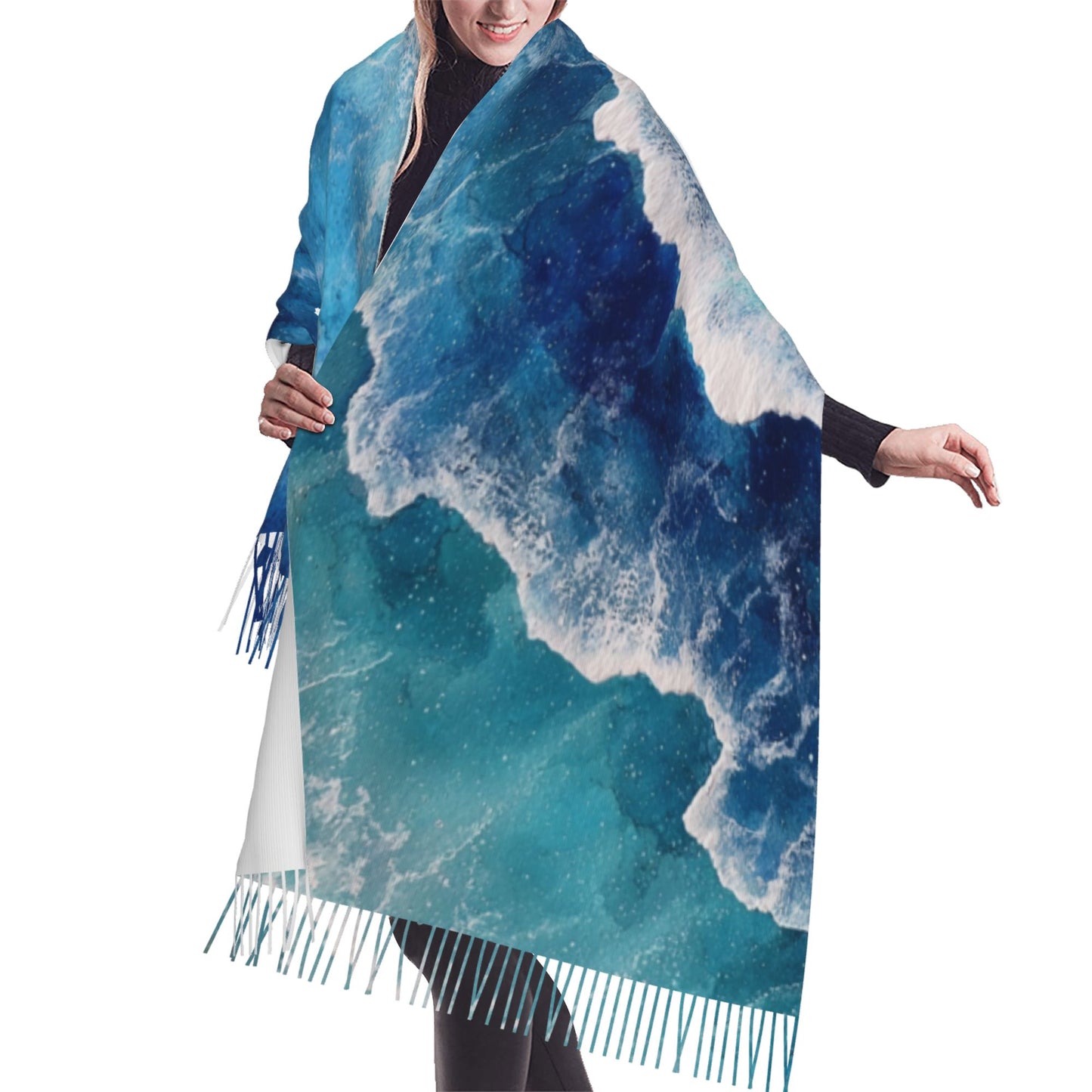 Gradient Blue Faux Cashmere Tassel Scarf – Warm & Soft Long Shawl Wrap (Vertical Style 77" × 27")