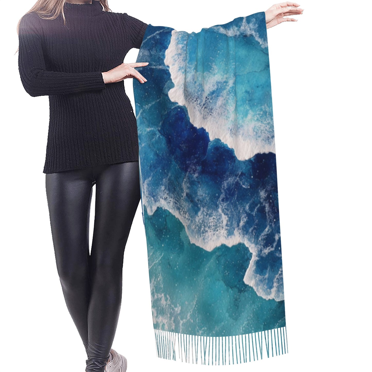 Gradient Blue Faux Cashmere Tassel Scarf – Warm & Soft Long Shawl Wrap (Vertical Style 77" × 27")