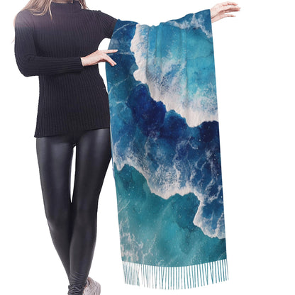 Gradient Blue Faux Cashmere Tassel Scarf – Warm & Soft Long Shawl Wrap (Vertical Style 77" × 27")