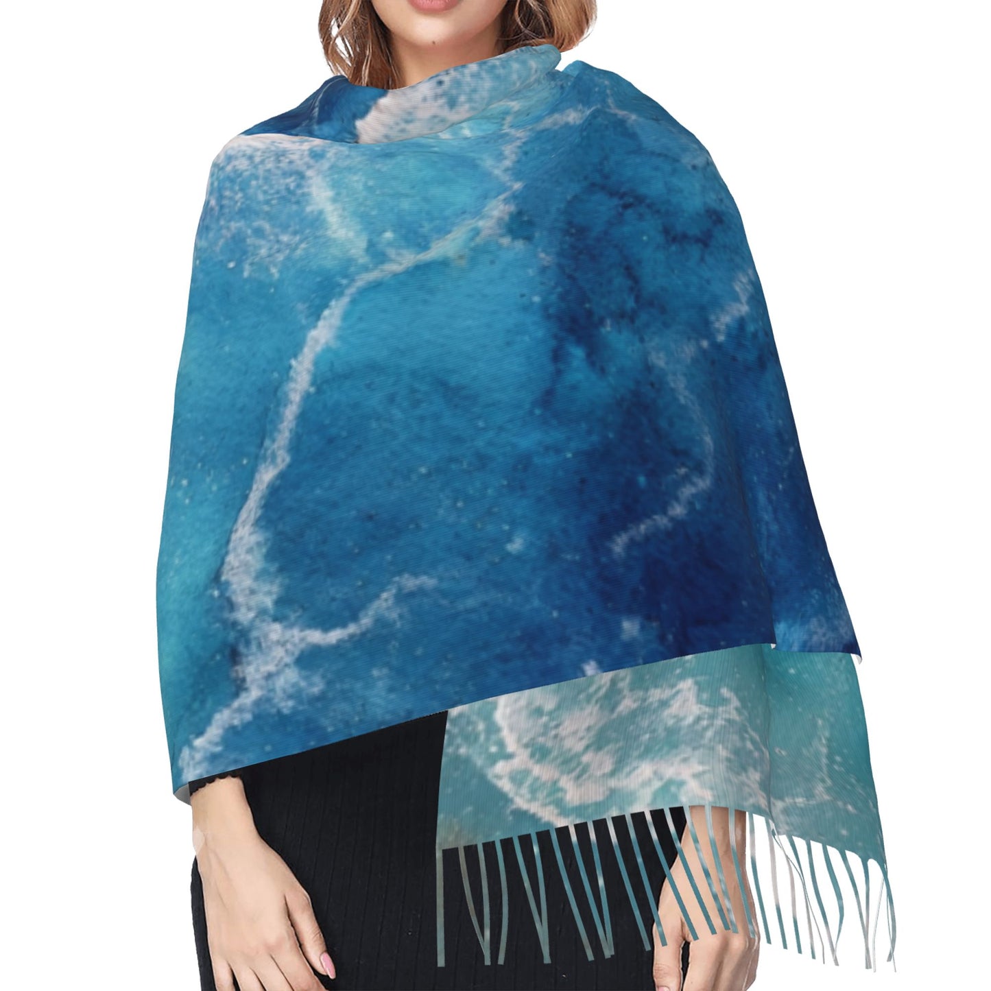 Gradient Blue Faux Cashmere Tassel Scarf – Warm & Soft Long Shawl Wrap (Vertical Style 77" × 27")