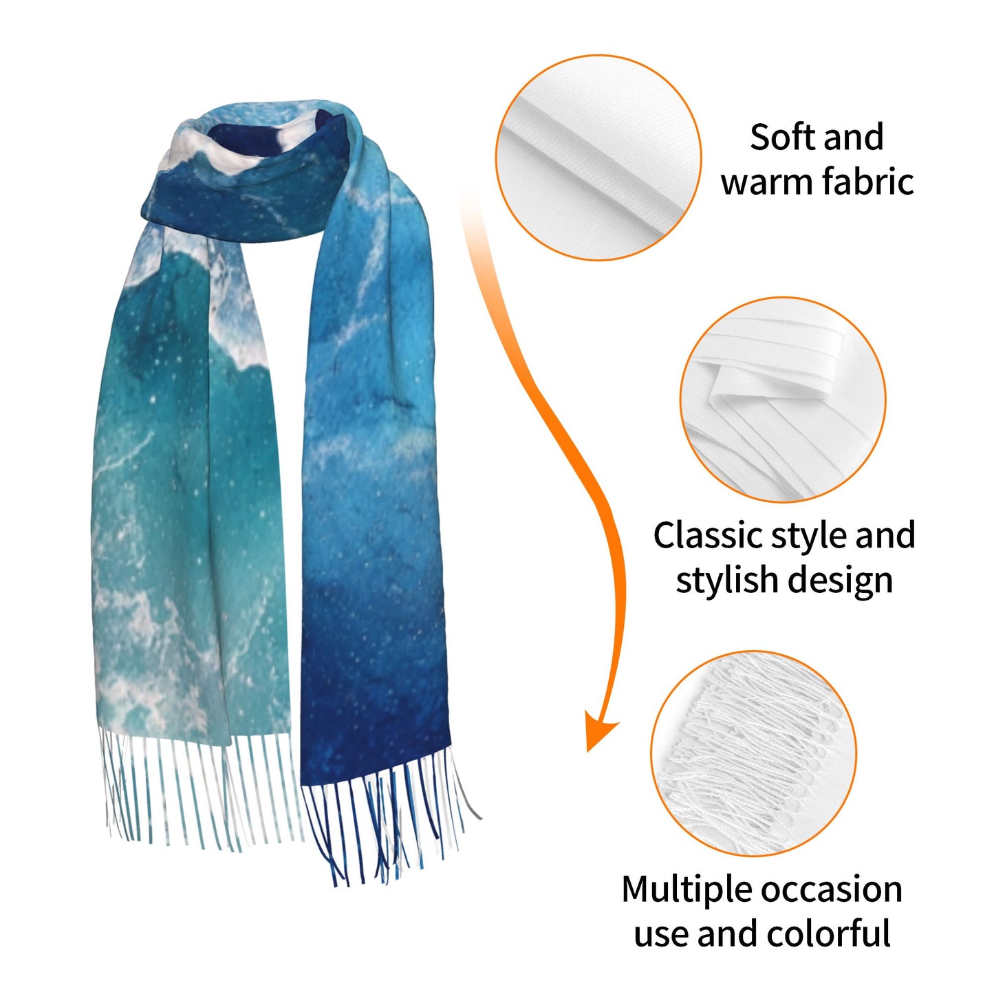 Gradient Blue Faux Cashmere Tassel Scarf – Warm & Soft Long Shawl Wrap (Vertical Style 77" × 27")