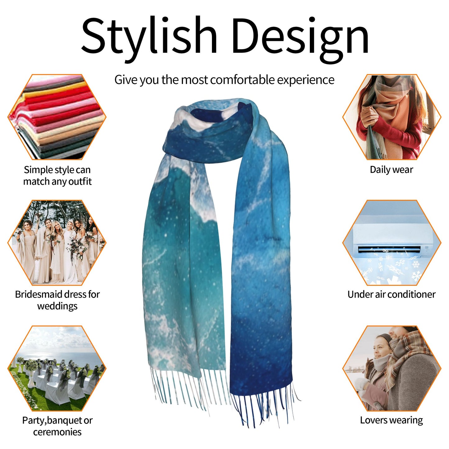 Gradient Blue Faux Cashmere Tassel Scarf – Warm & Soft Long Shawl Wrap (Vertical Style 77" × 27")