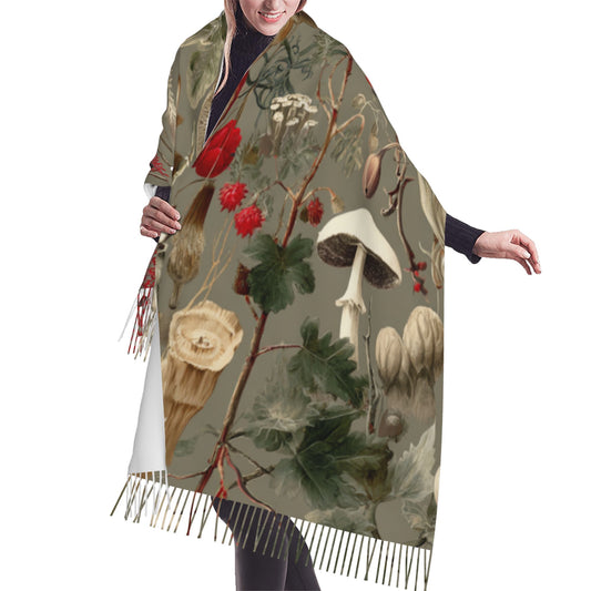 Vintage Botanical Faux Cashmere Tassel Scarf – Oversized Soft Winter Wrap with Mushroom Illustration (77" x 27")