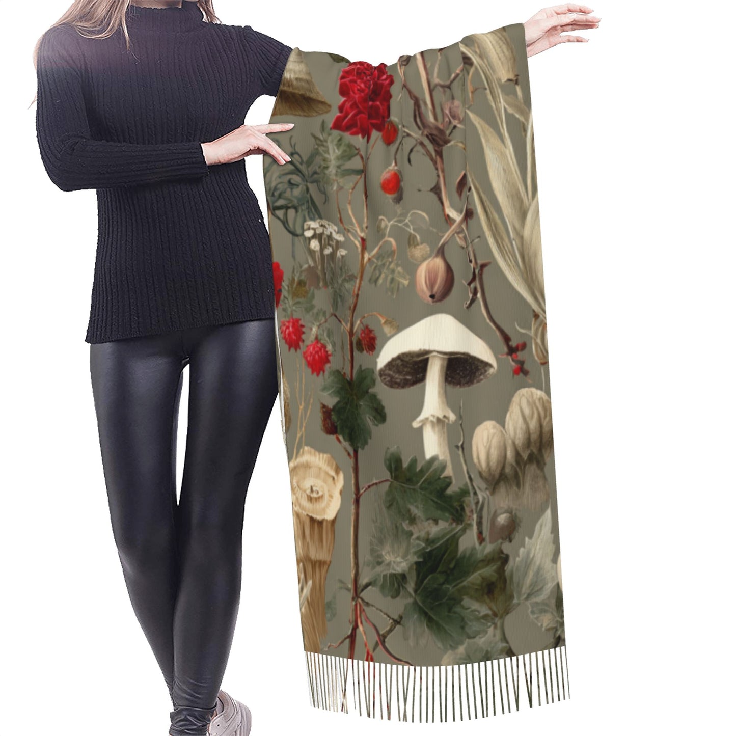 Vintage Botanical Faux Cashmere Tassel Scarf – Oversized Soft Winter Wrap with Mushroom Illustration (77" x 27")