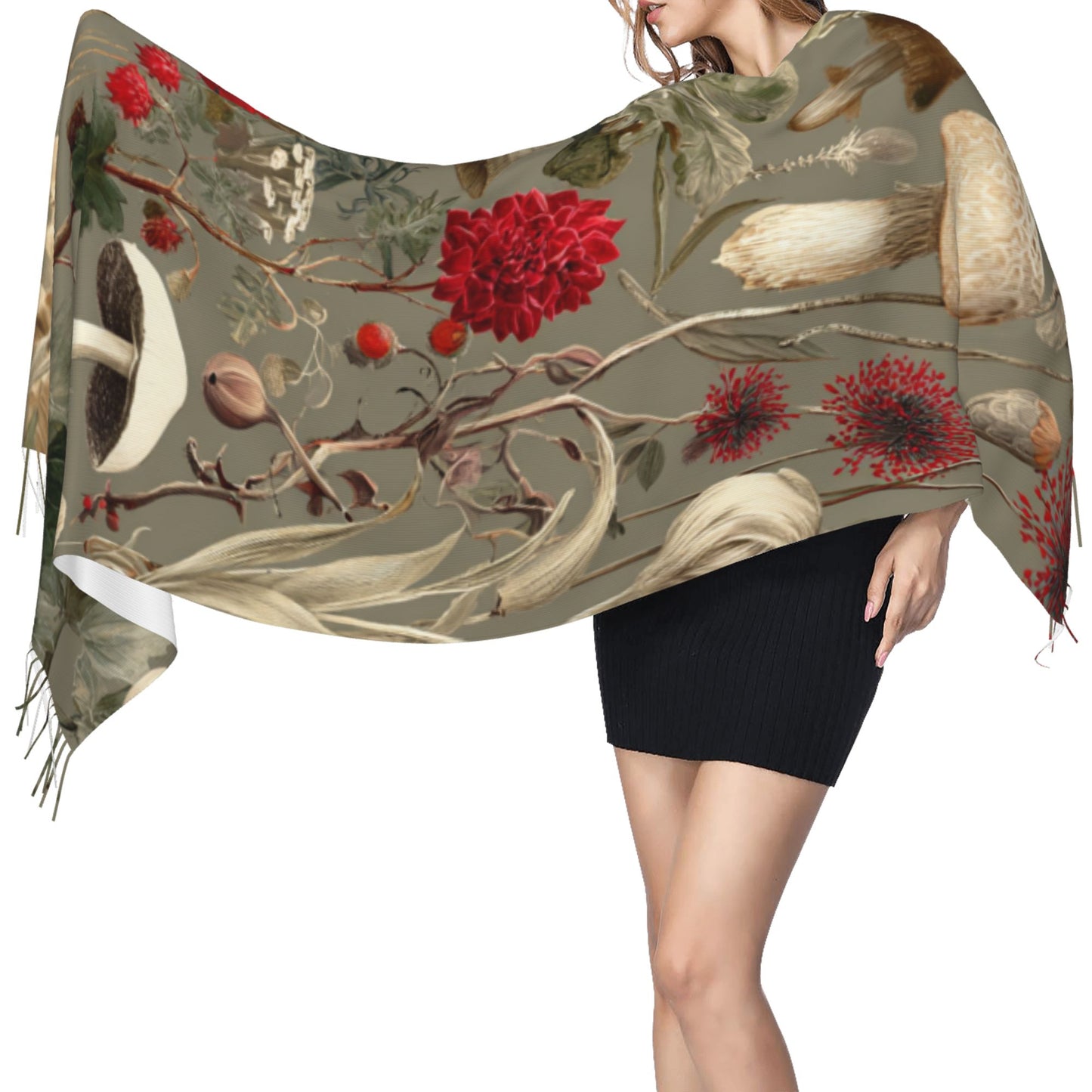 Vintage Botanical Faux Cashmere Tassel Scarf – Oversized Soft Winter Wrap with Mushroom Illustration (77" x 27")