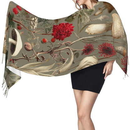Vintage Botanical Faux Cashmere Tassel Scarf – Oversized Soft Winter Wrap with Mushroom Illustration (77" x 27")
