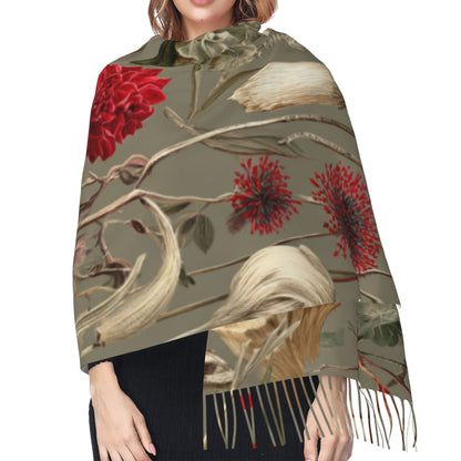 Vintage Botanical Faux Cashmere Tassel Scarf – Oversized Soft Winter Wrap with Mushroom Illustration (77" x 27")