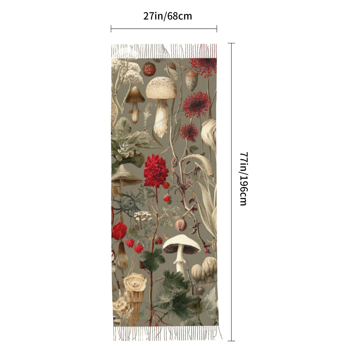 Vintage Botanical Faux Cashmere Tassel Scarf – Oversized Soft Winter Wrap with Mushroom Illustration (77" x 27")