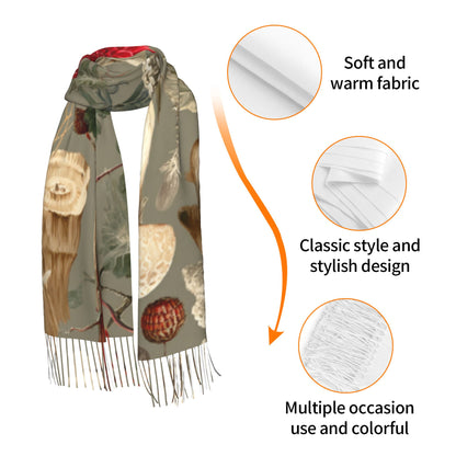 Vintage Botanical Faux Cashmere Tassel Scarf – Oversized Soft Winter Wrap with Mushroom Illustration (77" x 27")