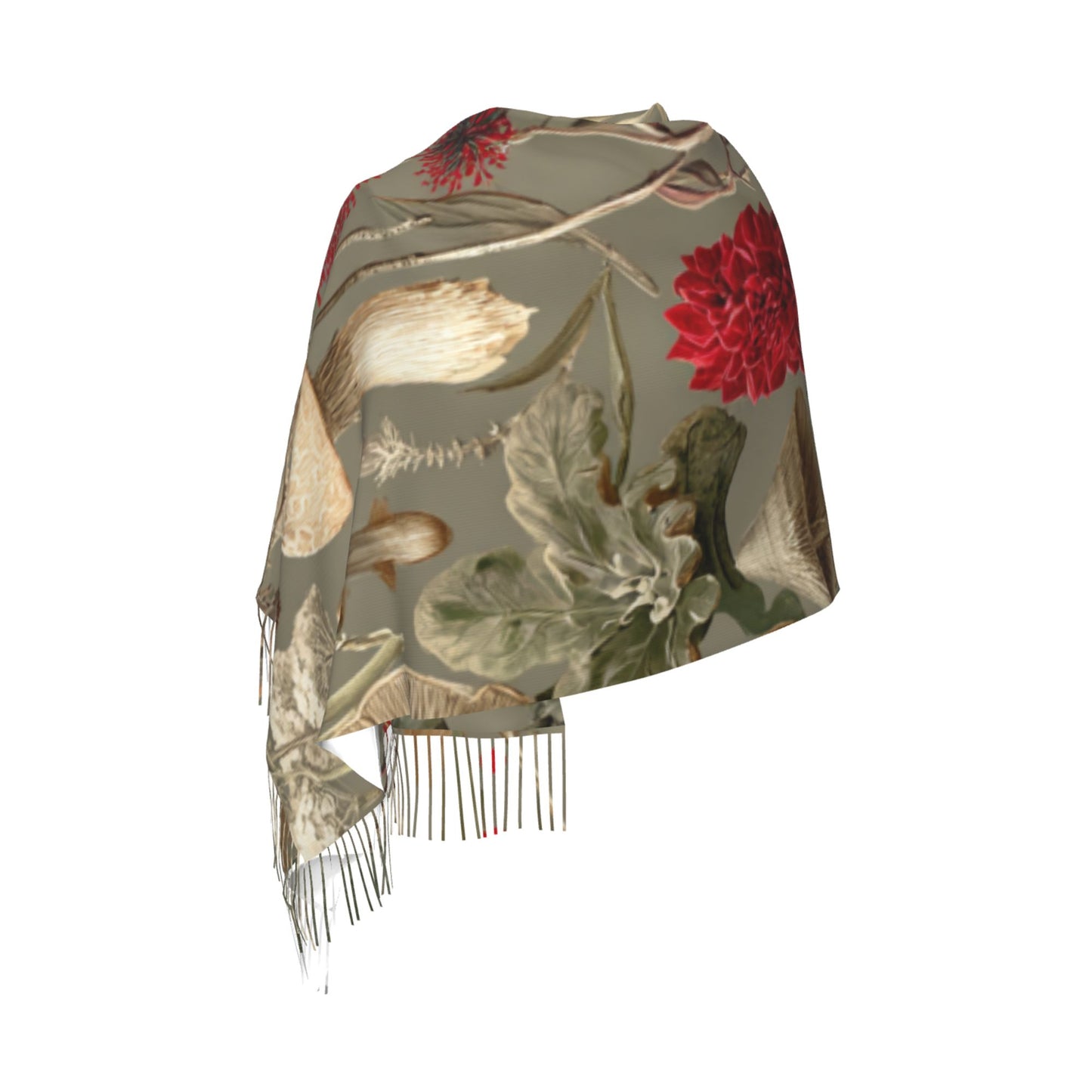 Vintage Botanical Faux Cashmere Tassel Scarf – Oversized Soft Winter Wrap with Mushroom Illustration (77" x 27")