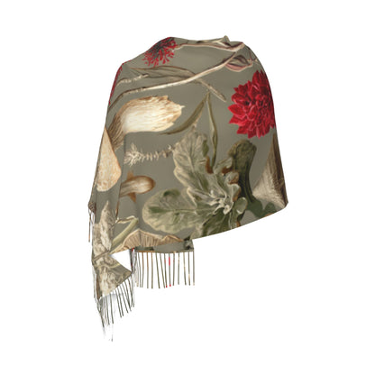 Vintage Botanical Faux Cashmere Tassel Scarf – Oversized Soft Winter Wrap with Mushroom Illustration (77" x 27")